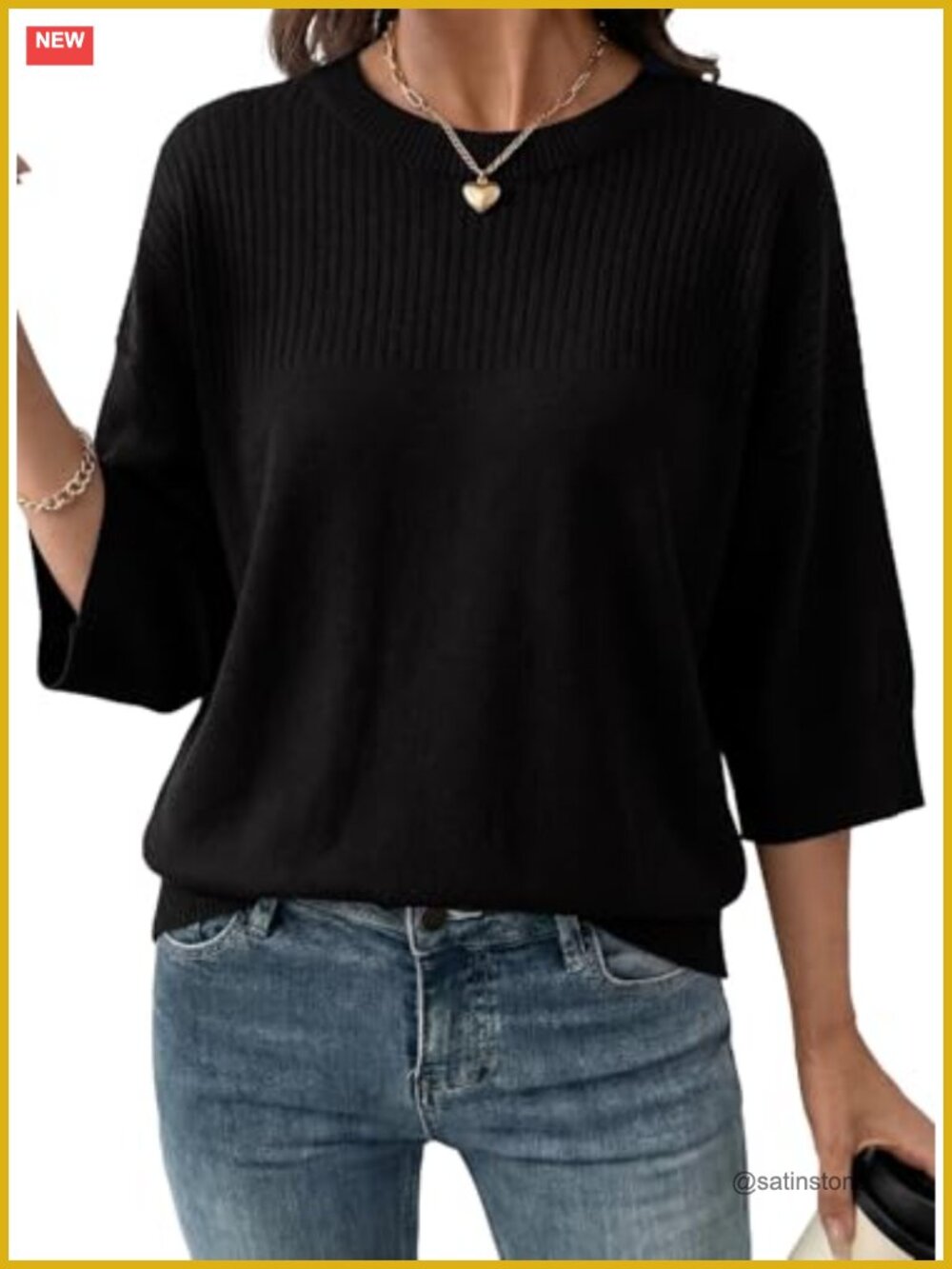 Womens 3/4 Sleeve Cropped Knit Sweater Pullover Lightweight Soft Crew Neck